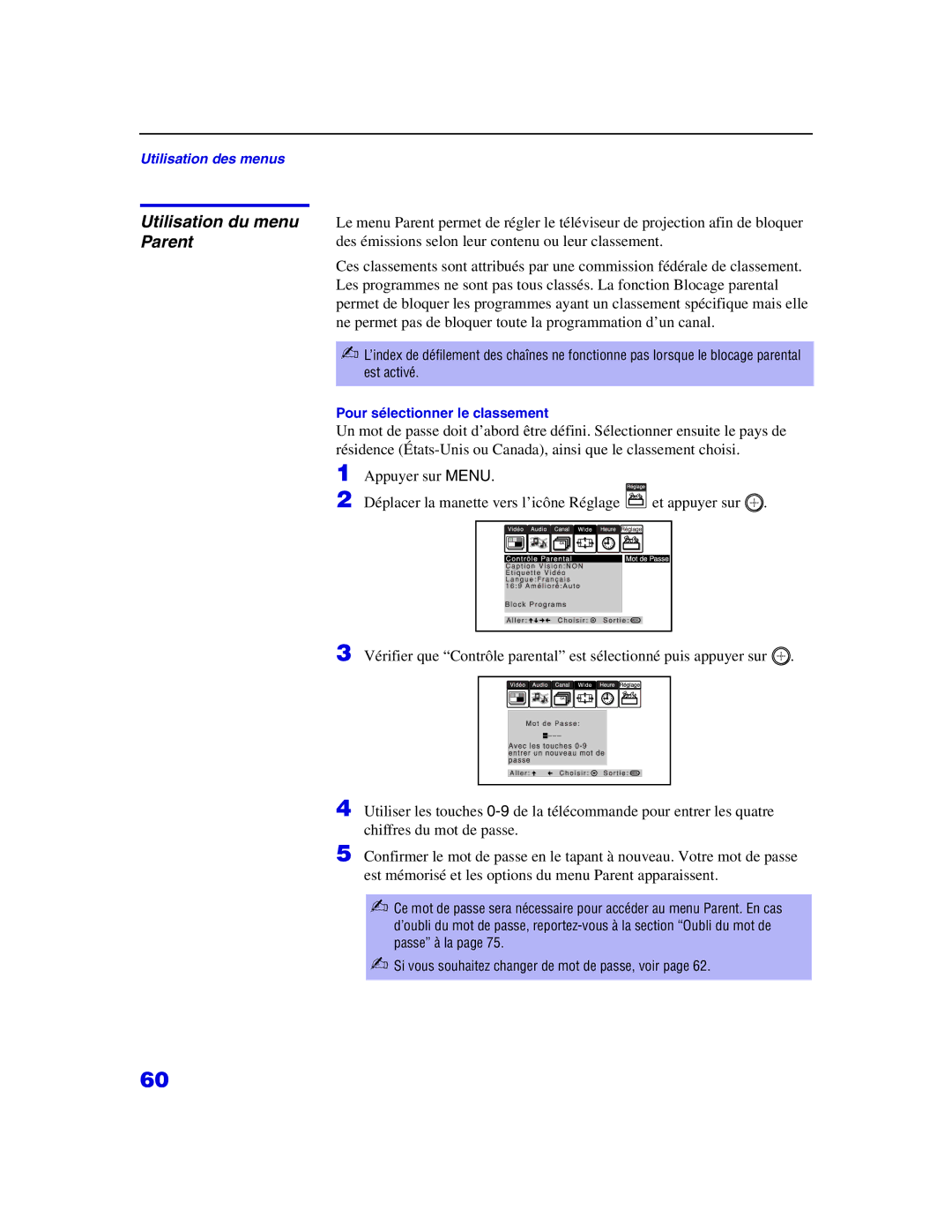 Sony KP 65WS500, KP-57WS500 manual Utilisation du menu Parent 