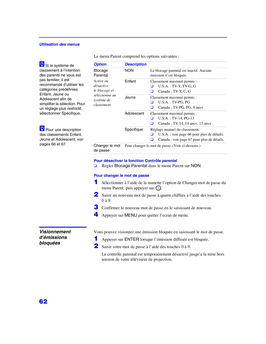 Sony KP 65WS500, KP-57WS500 manual Visionnement d’émissions bloquées, Si le système de, Blocage, Enfant, Jeune 