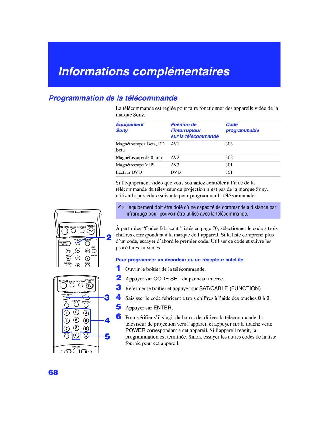 Sony KP 65WS500, KP-57WS500 manual Informations complémentaires, Programmation de la télécommande 