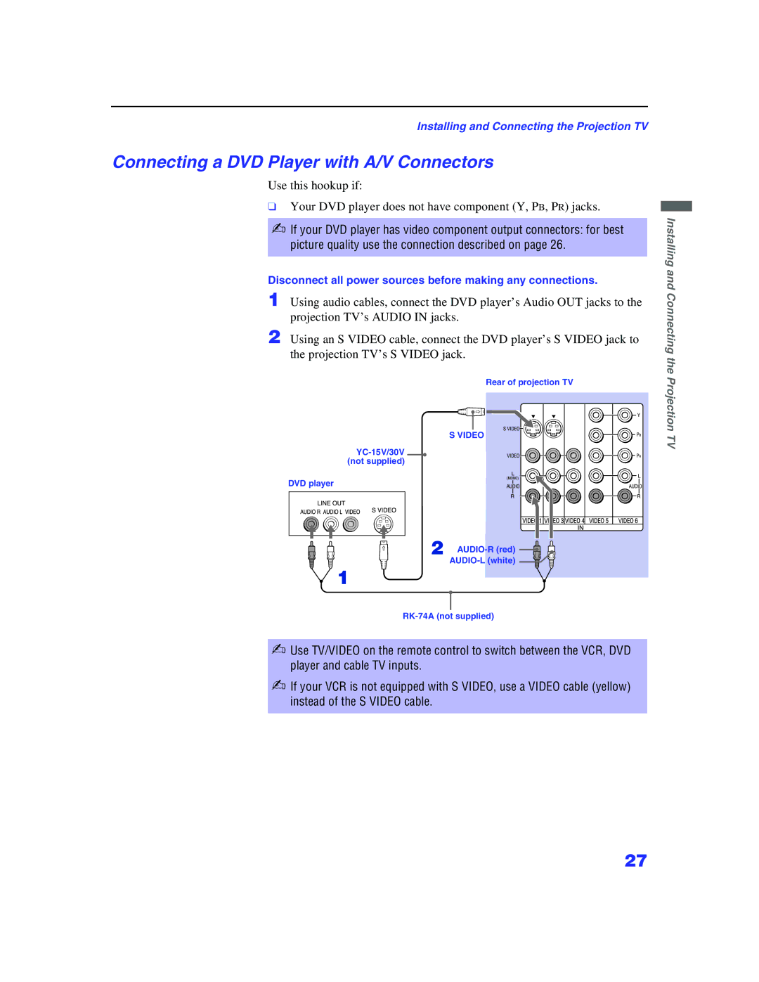 Sony KP-57WS500, KP 65WS500 manual Connecting a DVD Player with A/V Connectors 