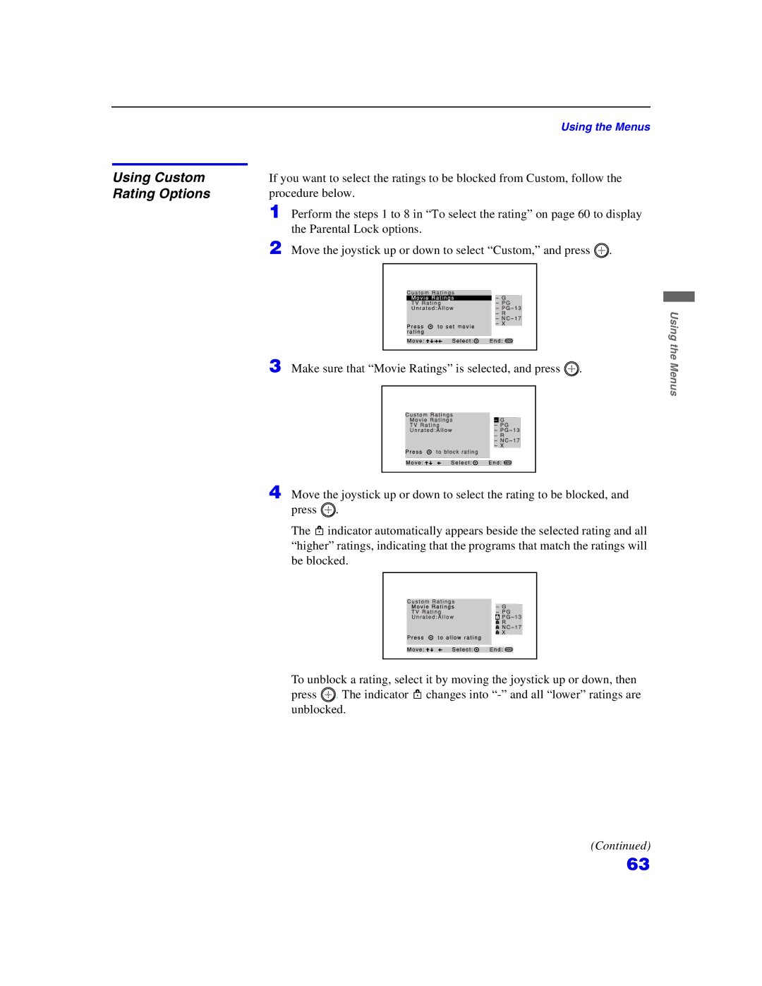 Sony KP-57WS500, KP 65WS500 manual Using Custom Rating Options, Make sure that Movie Ratings is selected, and press 