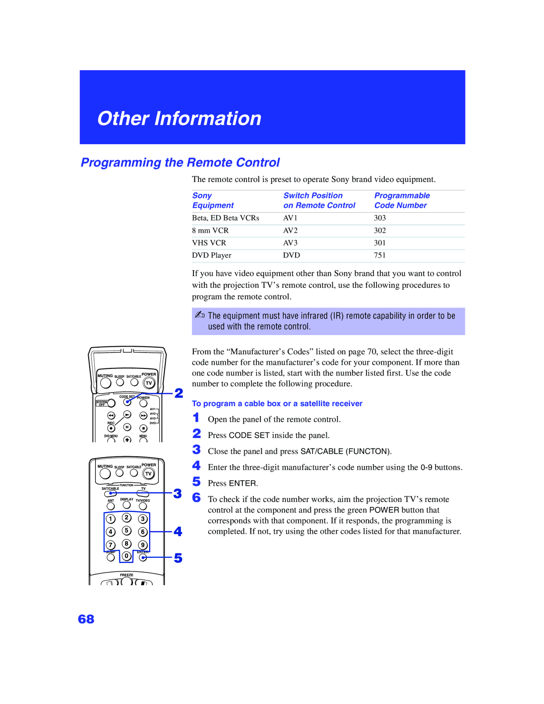 Sony KP 65WS500, KP-57WS500 manual Other Information, Programming the Remote Control 