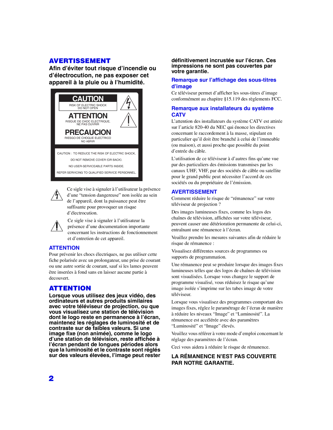 Sony KP 65WS500, KP-57WS500 manual Avertissement 