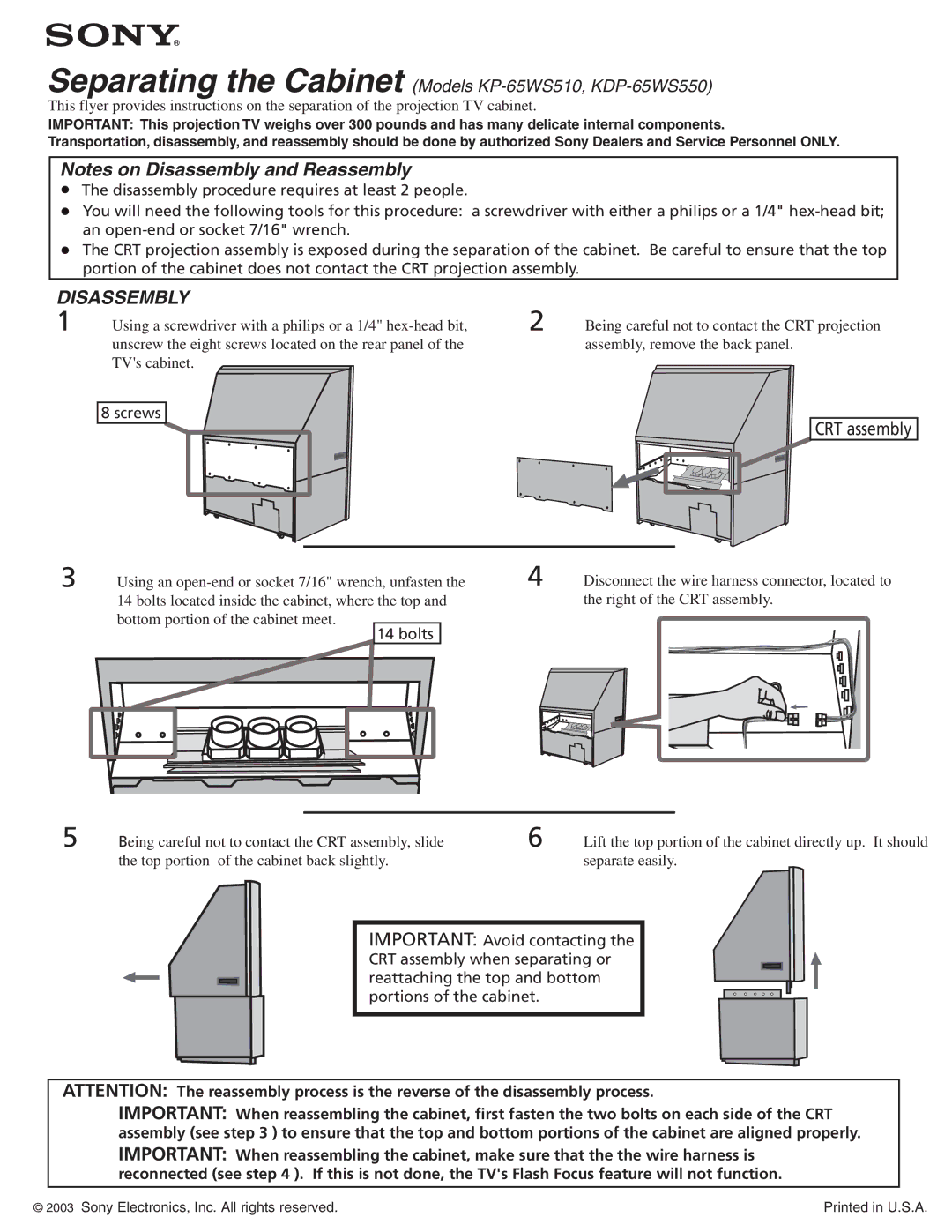 Sony KDP-65WS550, KP-65WS510 manual Disassembly, CRT assembly, Screws, Bolts 