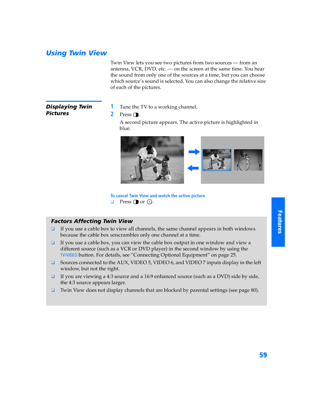 Sony KP 65WV700, KP 65WV600, KP 57WV700 manual Using Twin View, Displaying Twin, Pictures, Factors Affecting Twin View 