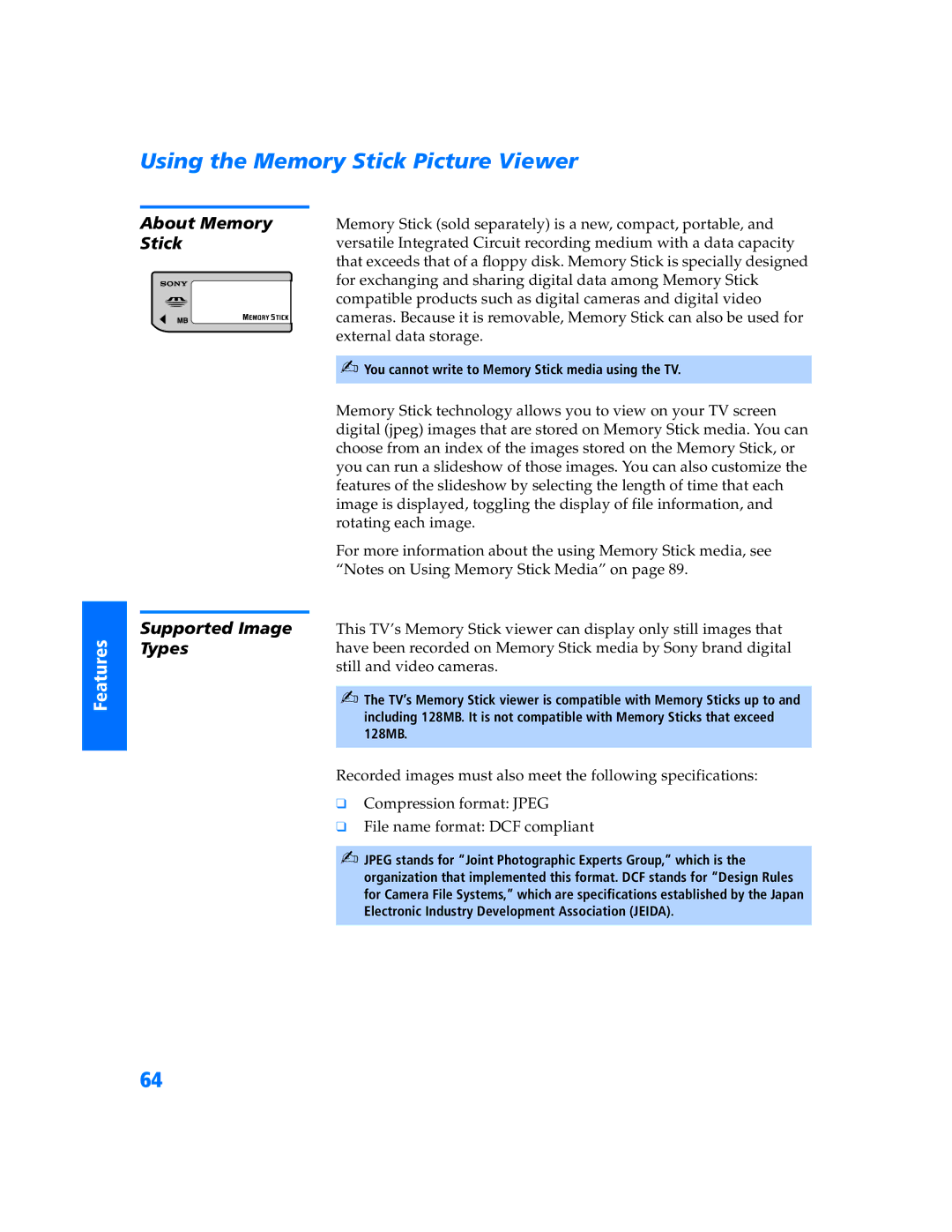 Sony KP 57WV700, KP 65WV700, KP 65WV600 Using the Memory Stick Picture Viewer, About Memory Stick Supported Image Types 