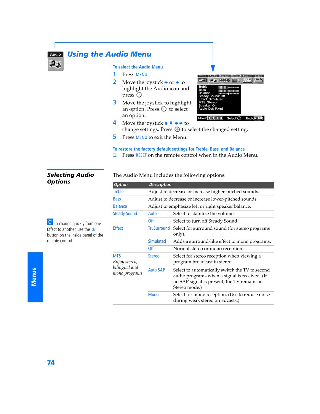 Sony KP 65WV700, KP 65WV600, KP 57WV700 manual Using the Audio Menu, Selecting Audio Options 