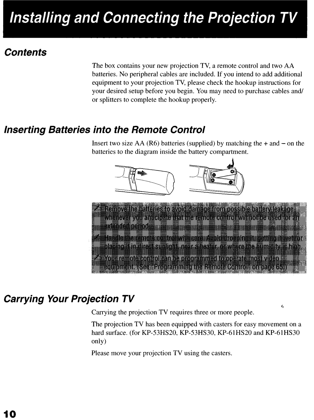 Sony KP-6lHS20 manual Contents, Inserting Batteries into the Remote Control, Carrying Your Projection TV 