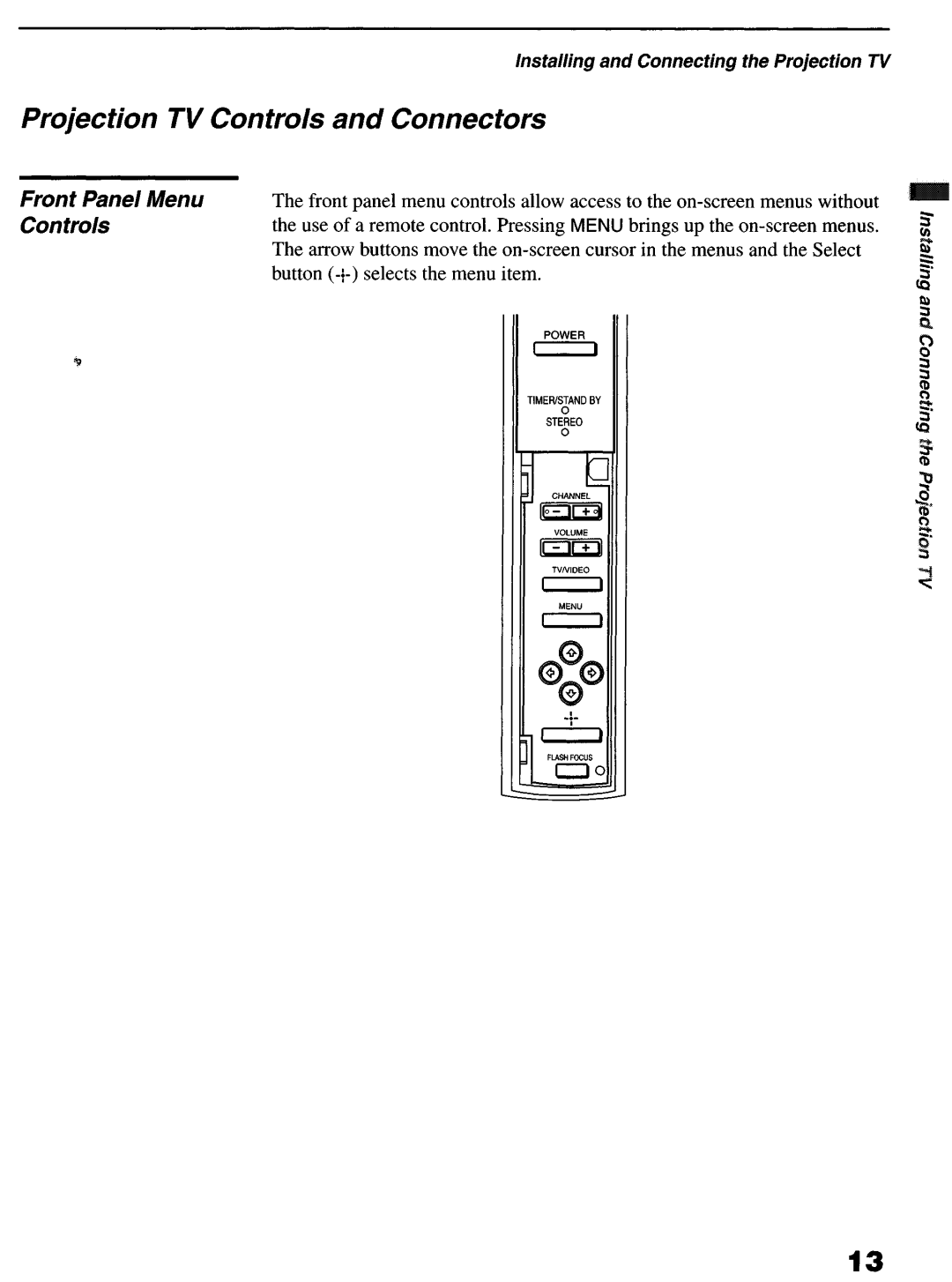 Sony KP-6lHS20 manual Projection TV Controls and Connectors, Front Panel Menu Con fro/s 