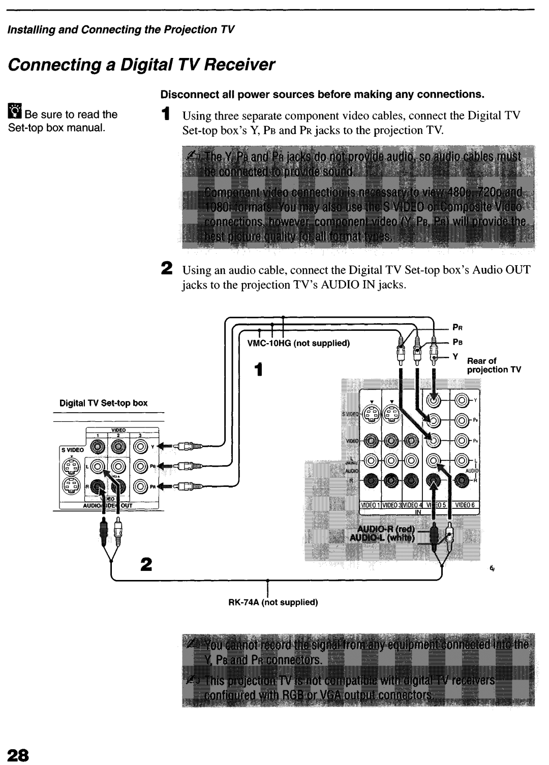 Sony KP-6lHS20 manual Connecting a Digita/ TV Receiver, Installing and Connecting the Projection TV 