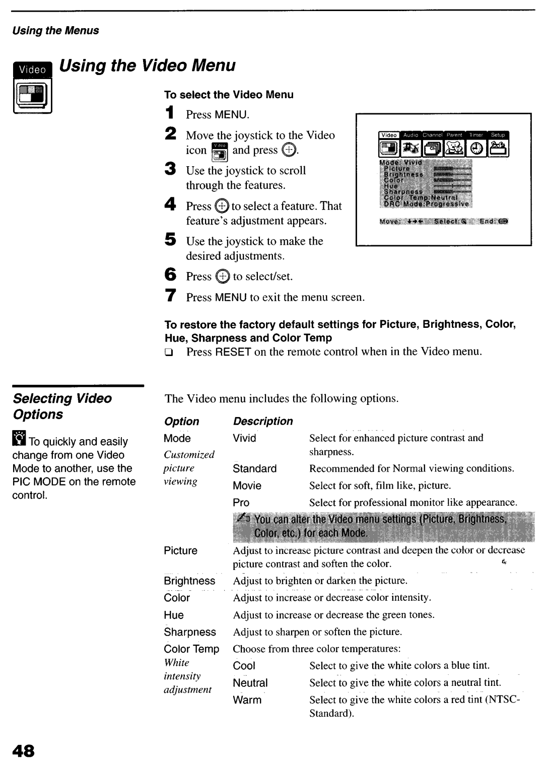 Sony KP-6lHS20 manual Using the Video Menu, Selecting Video Options, Sharpness, Selectfor soft,film like, picture 