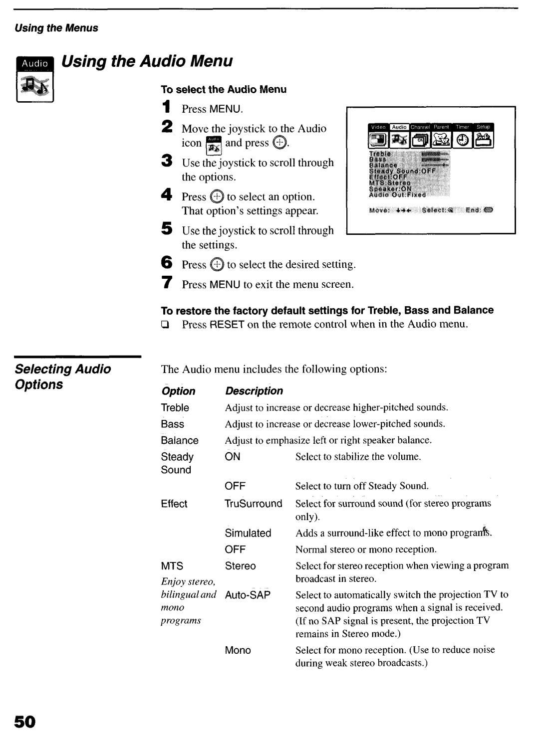 Sony KP-6lHS20 Using the Audio Menu, Options, Selecting Audio, Joystick to the Audio Ystick to scroll through the options 