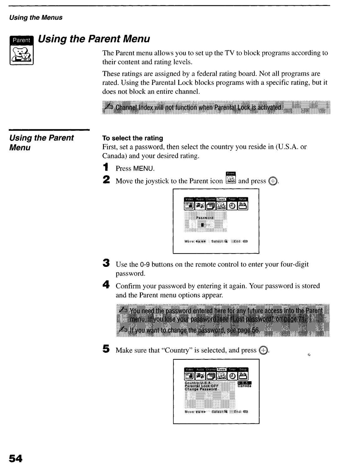 Sony KP-6lHS20 manual Using the Parent Menu, To select the rating 