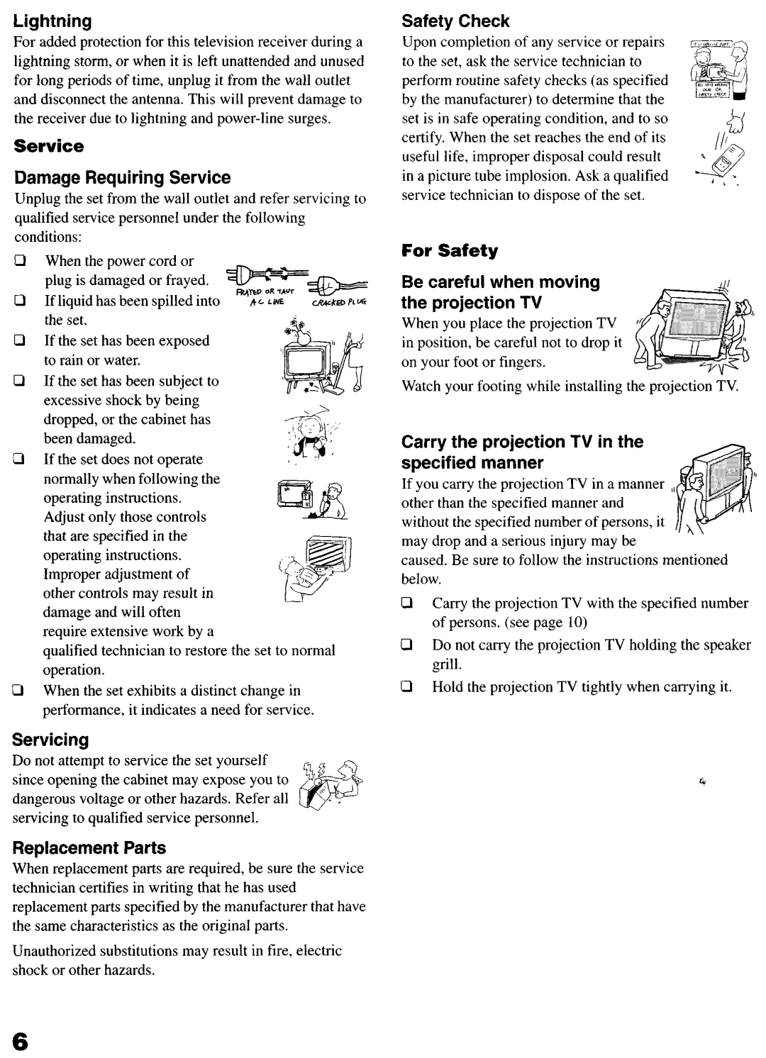 Sony KP-6lHS20 manual Lightning, Damage Requiring Service, Servicing, Replacement Parts, Safety Check 