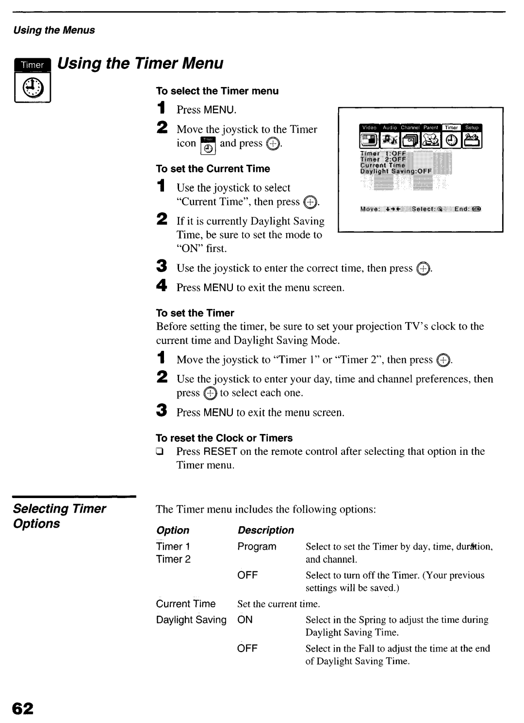 Sony KP-6lHS20 manual Using the Timer Menu, Selecting Timer Options 