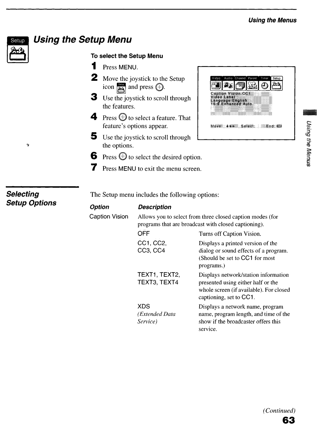 Sony KP-6lHS20 manual Using the Setup Menu, Selecting Setup Options 