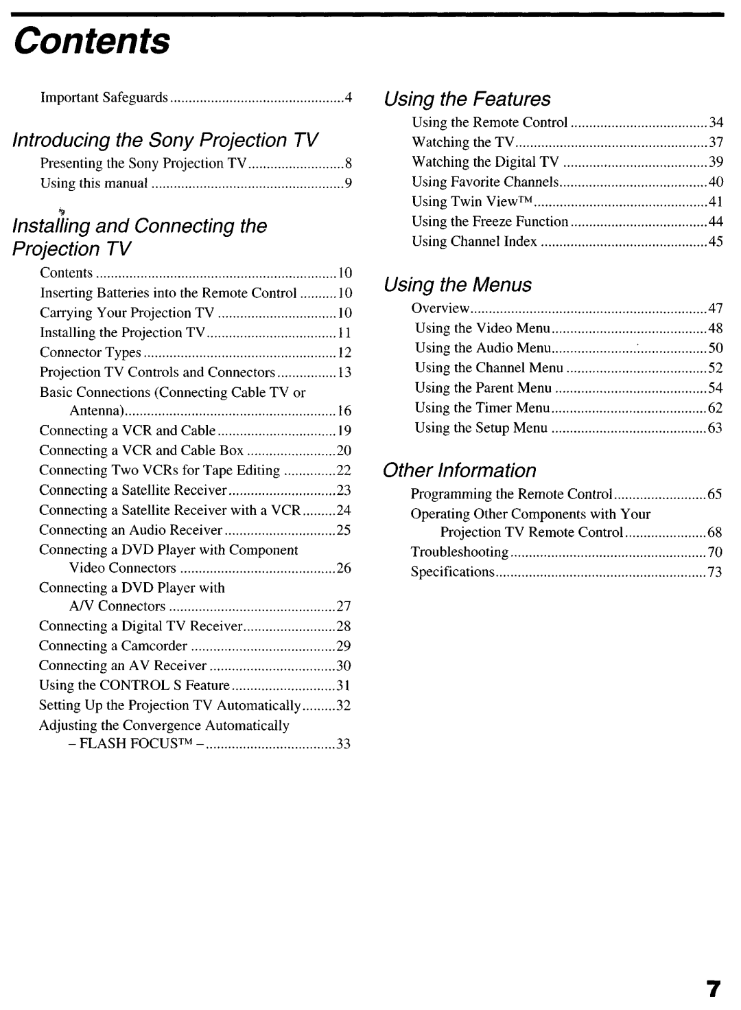 Sony KP-6lHS20 manual Contents 