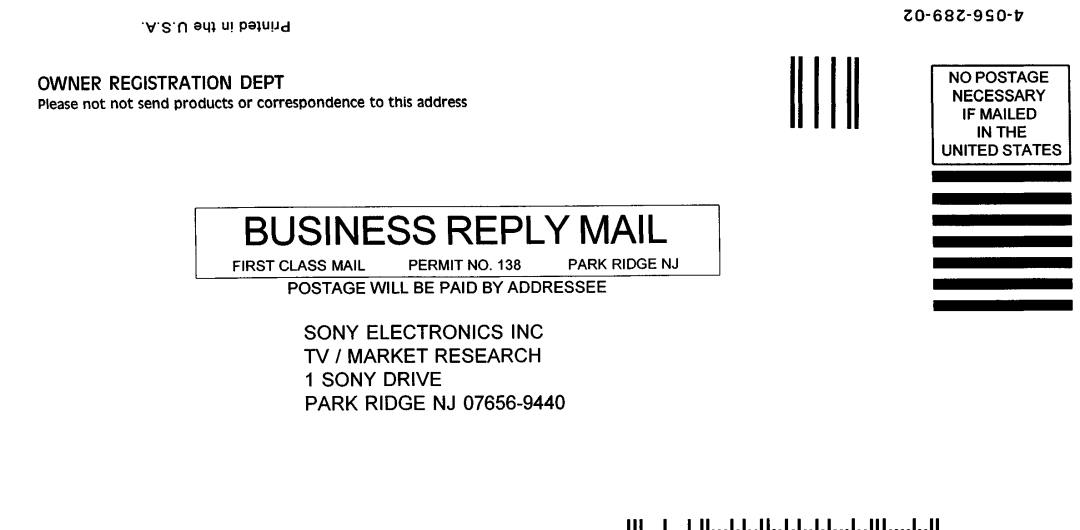 Sony KP-6lHS20 manual Park Ridge NJ, United States, Postage will be Paid by Addressee 