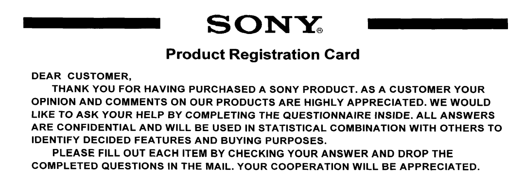 Sony KP-6lHS20 manual Product Registration Card 