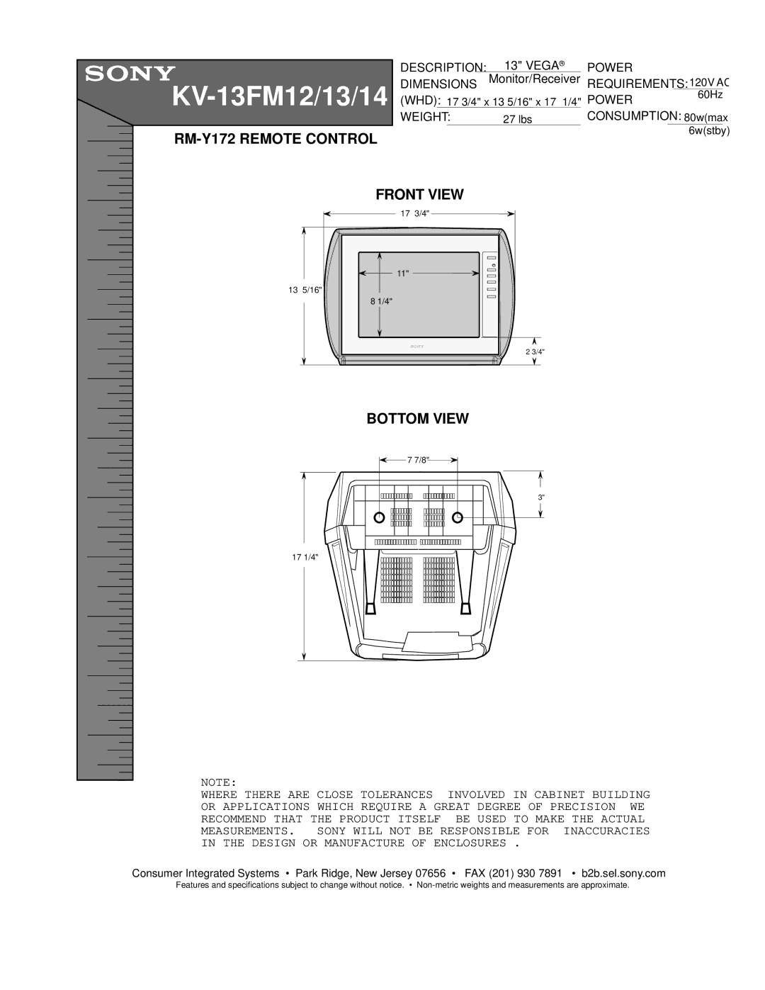 Sony KV 13FM13, KV 13FM14 dimensions KV-13FM12/13/14, RM-Y172 Remote Control, Front View Bottom View 