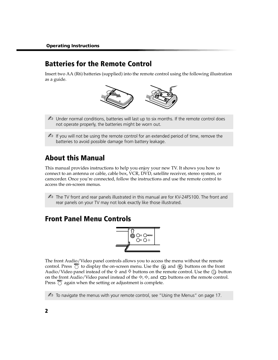 Sony KV 24FS100 Batteries for the Remote Control, About this Manual, Front Panel Menu Controls, Operating Instructions 