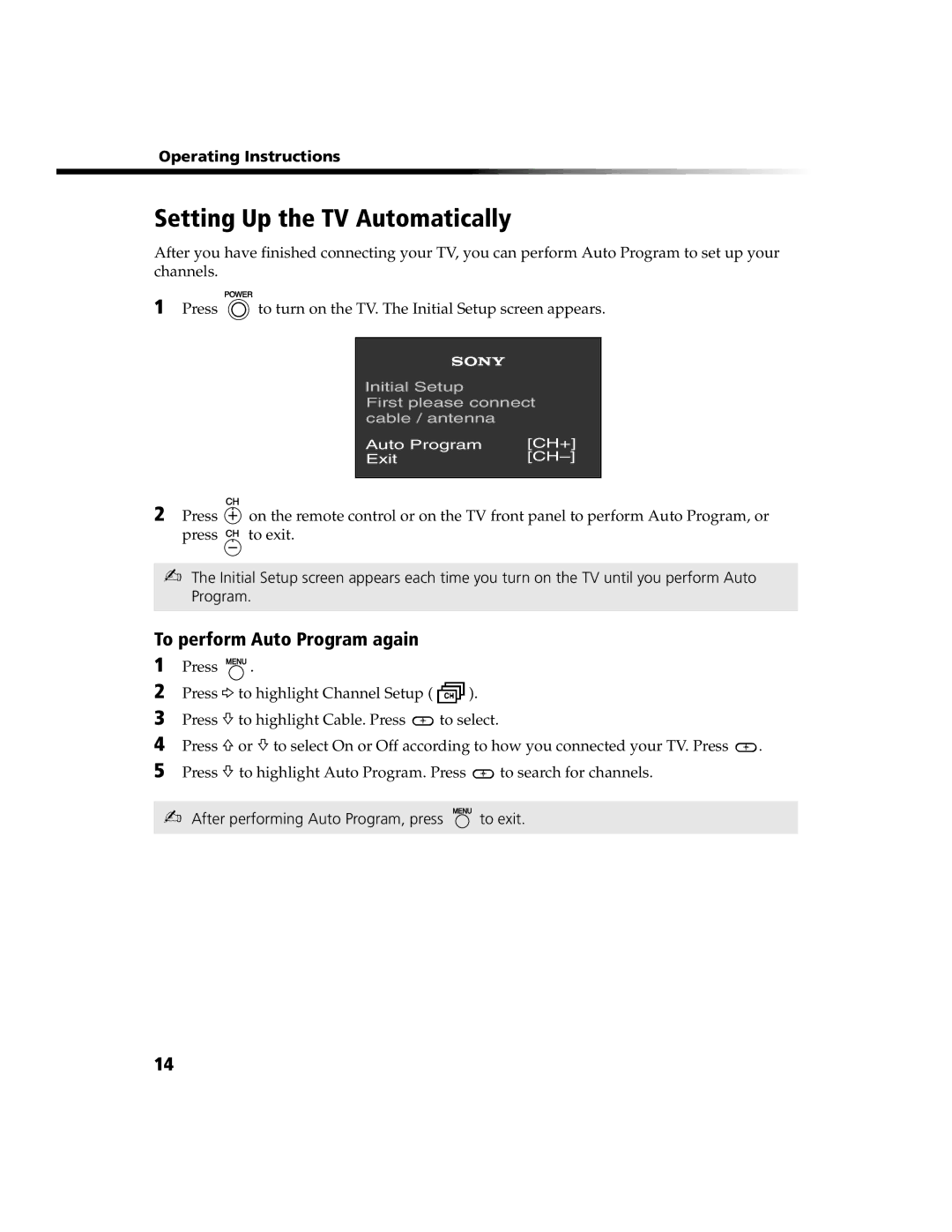 Sony KV 24FS100, KV 13FS110 manual Setting Up the TV Automatically, To perform Auto Program again, To search for channels 