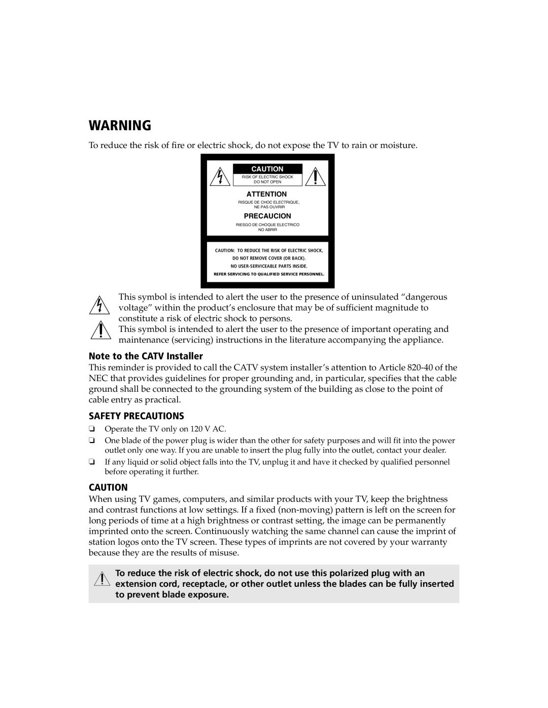 Sony KV-13FS100, KV-13FS110, KV-20FS100, KV-24FS100, KV 13FS110, KV 13FS100, KV 24FS100 manual Safety Precautions 