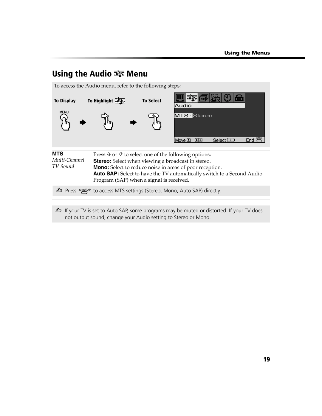 Sony KV-13FS100, KV-13FS110, KV-20FS100, KV-24FS100, KV 13FS110, KV 13FS100, KV 24FS100 manual Using the Audio Menu 