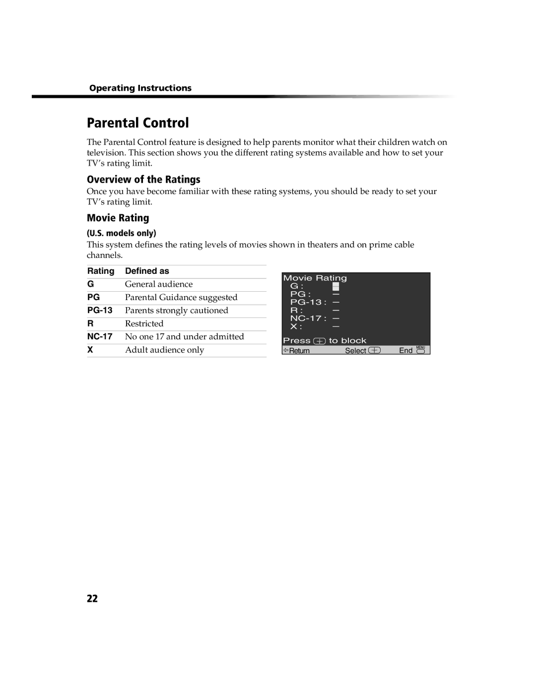 Sony KV 24FS100, KV 13FS110, KV 13FS100 manual Parental Control, Overview of the Ratings, Movie Rating 