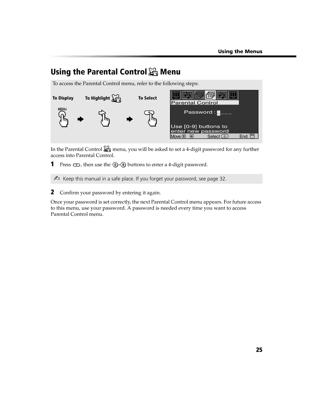 Sony KV 13FS100, KV 13FS110, KV 24FS100, KV-13FS100, KV-13FS110, KV-20FS100, KV-24FS100 manual Using the Parental Control Menu 