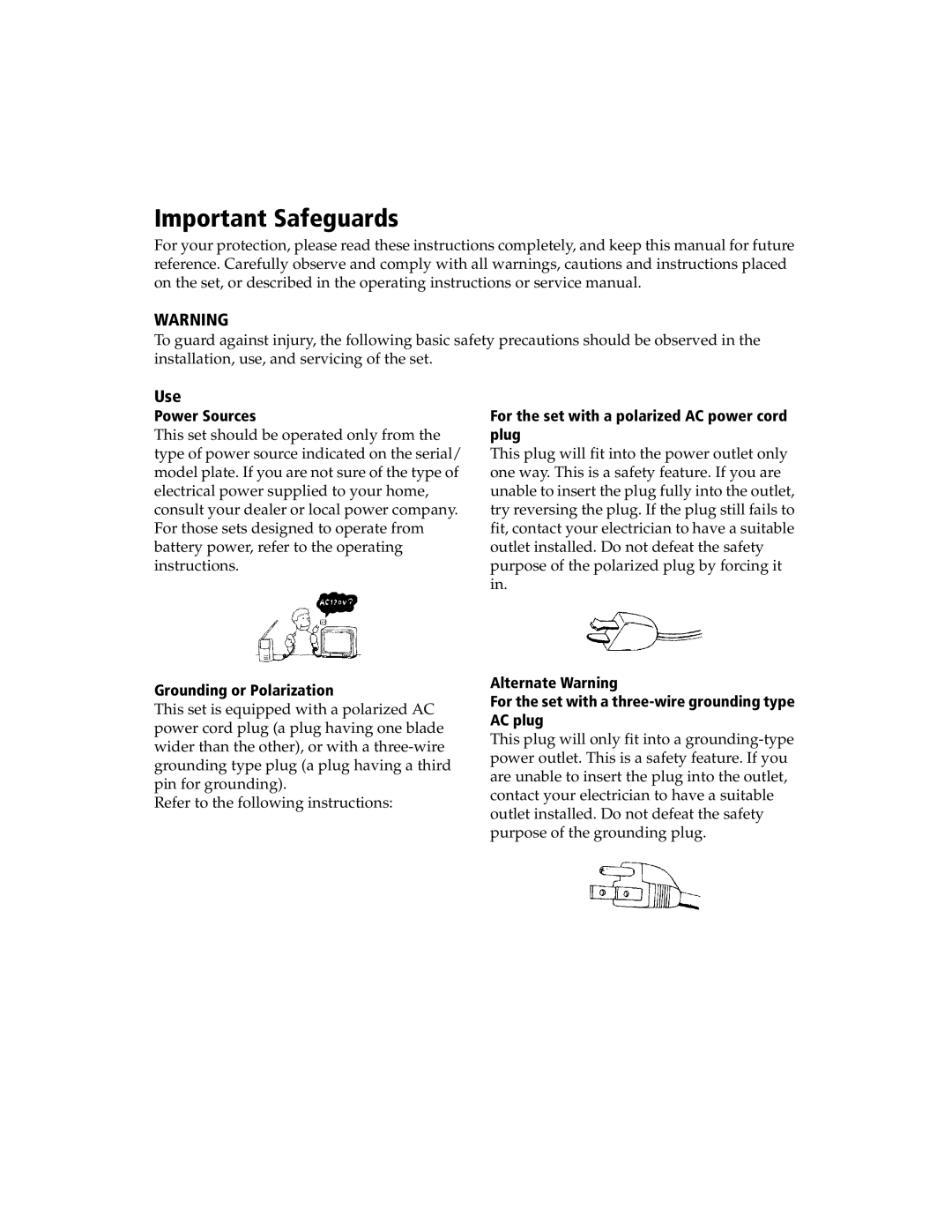 Sony KV 13FS100, KV 13FS110, KV 24FS100 manual Important Safeguards, Use, Power Sources, Grounding or Polarization 