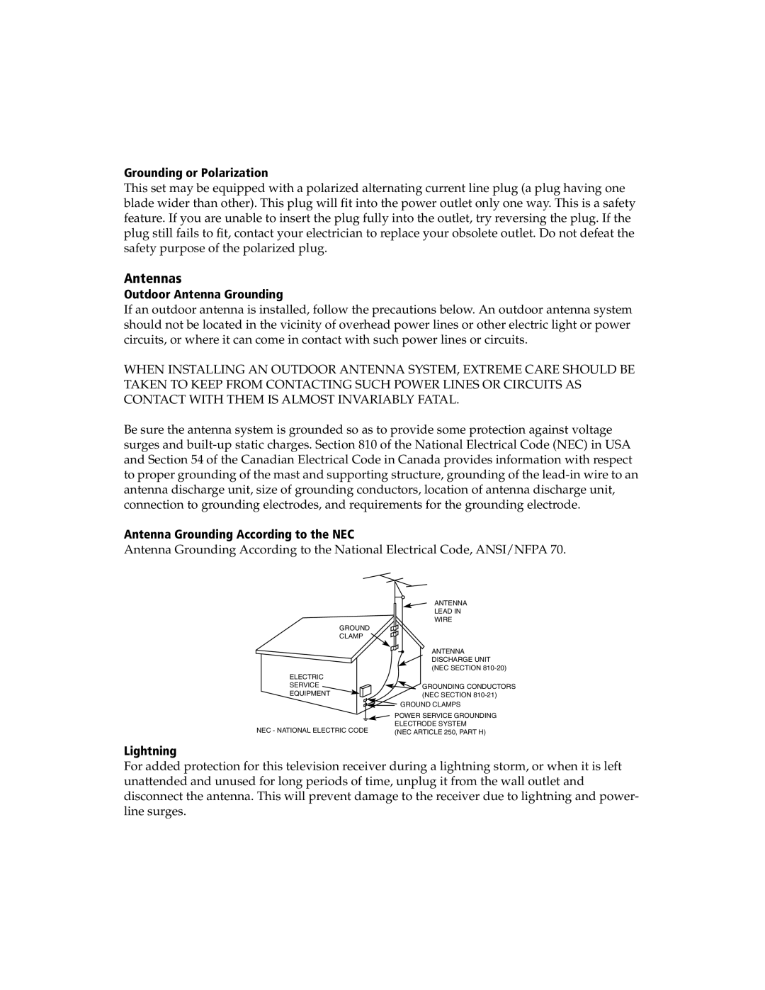 Sony KV 13FS110, KV 13FS100 manual Antennas, Outdoor Antenna Grounding, Antenna Grounding According to the NEC, Lightning 