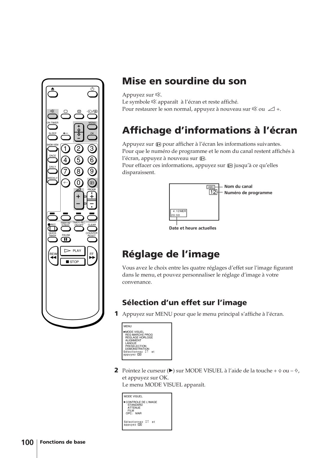 Sony KV-14V4D operating instructions Mise en sourdine du son, Affichage d’informations à l’écran, Réglage de l’image, 100 