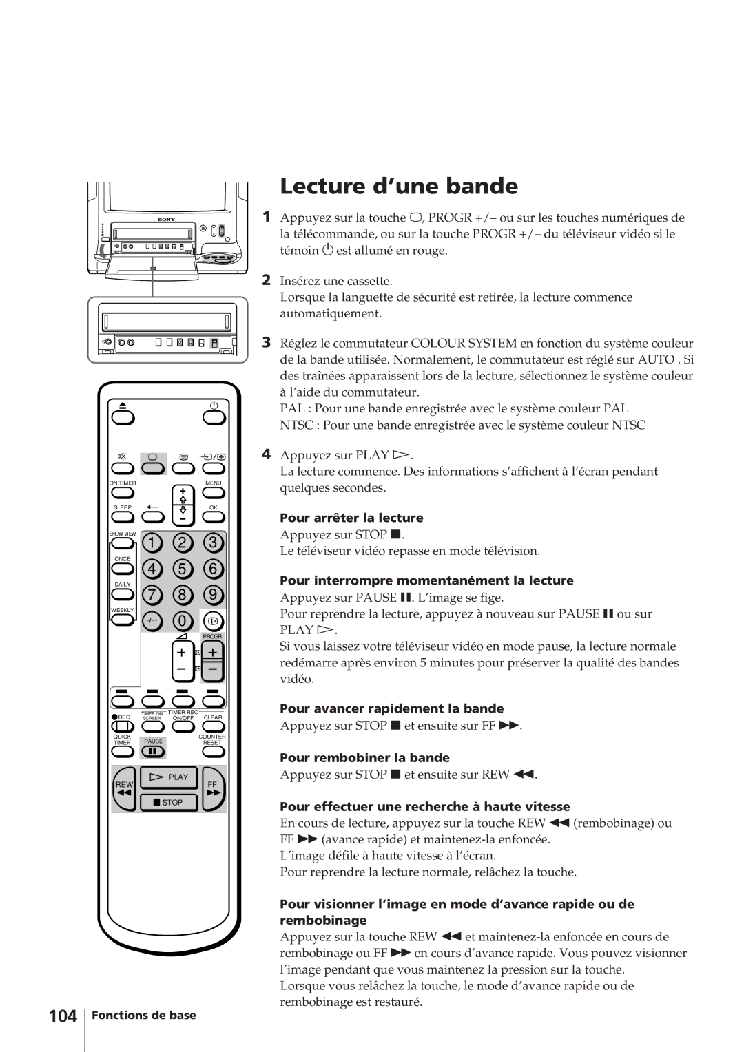 Sony KV-14V4D operating instructions Lecture d’une bande, 104 