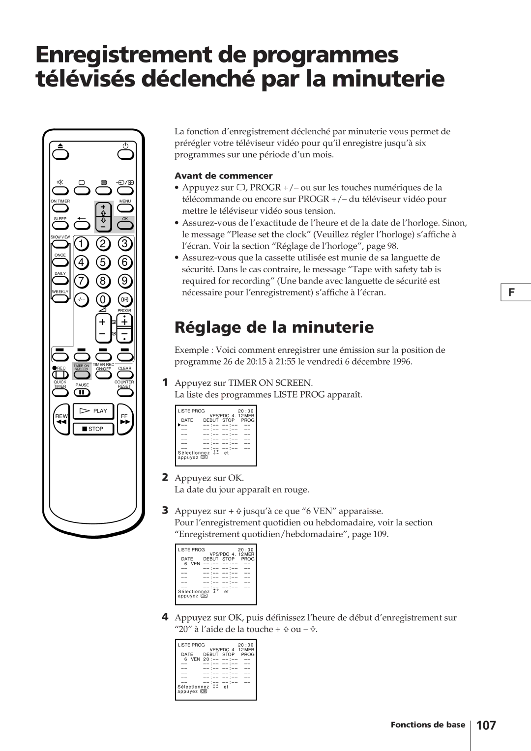 Sony KV-14V4D operating instructions Réglage de la minuterie, 107, Avant de commencer 