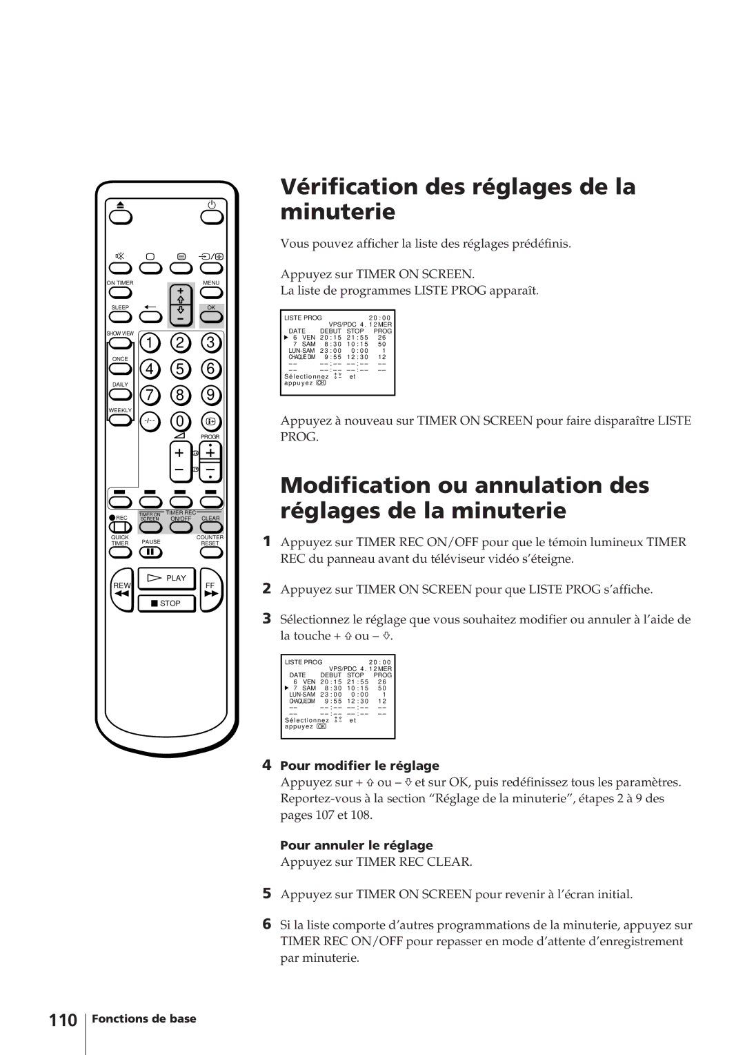 Sony KV-14V4D Vérification des réglages de la minuterie, Modification ou annulation des réglages de la minuterie, 110 