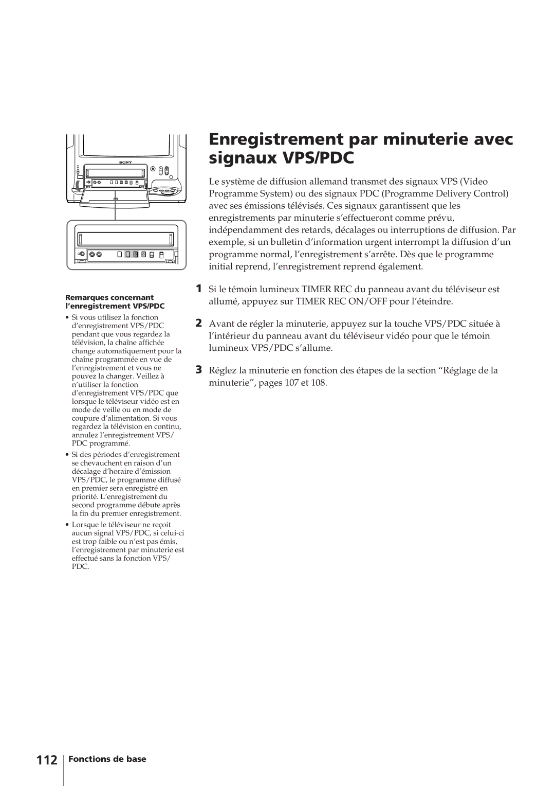 Sony KV-14V4D operating instructions Enregistrement par minuterie avec signaux VPS/PDC, 112 