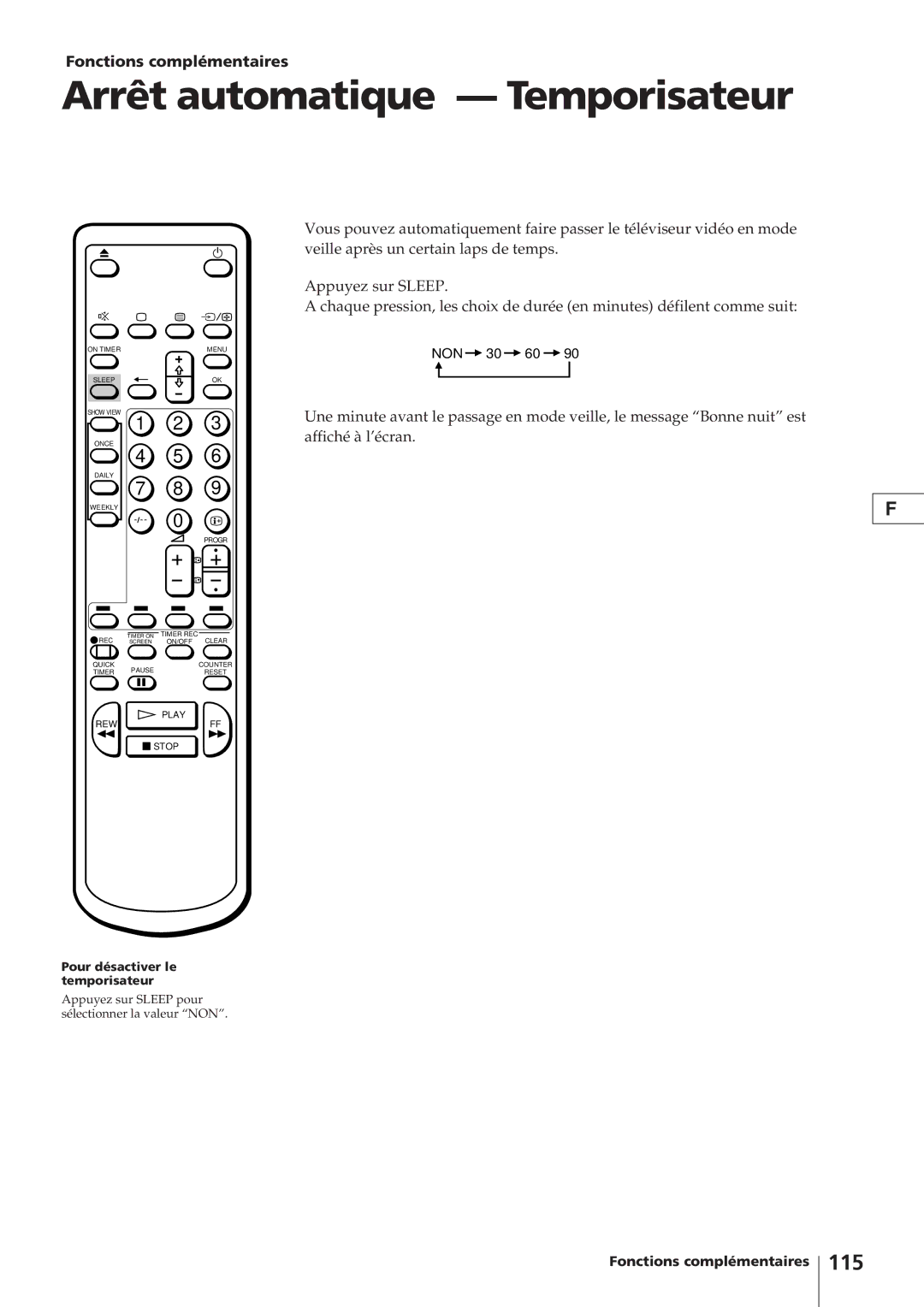 Sony KV-14V4D operating instructions Arrêt automatique Temporisateur, 115, Fonctions complémentaires 