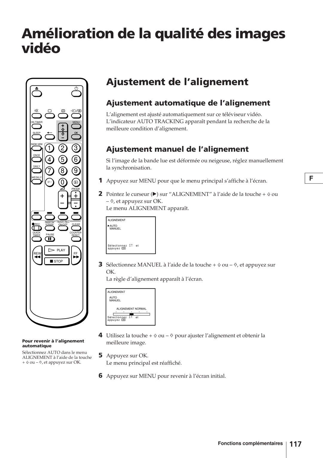 Sony KV-14V4D Amélioration de la qualité des images vidéo, Ajustement de l’alignement, Ajustement manuel de l’alignement 