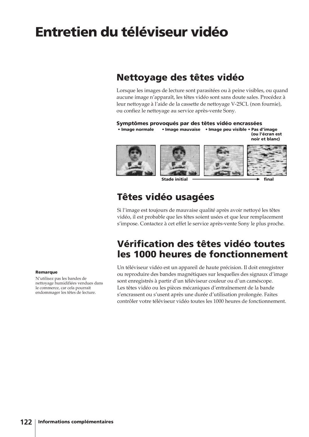 Sony KV-14V4D operating instructions Entretien du téléviseur vidéo, Nettoyage des têtes vidéo, Têtes vidéo usagées, 122 