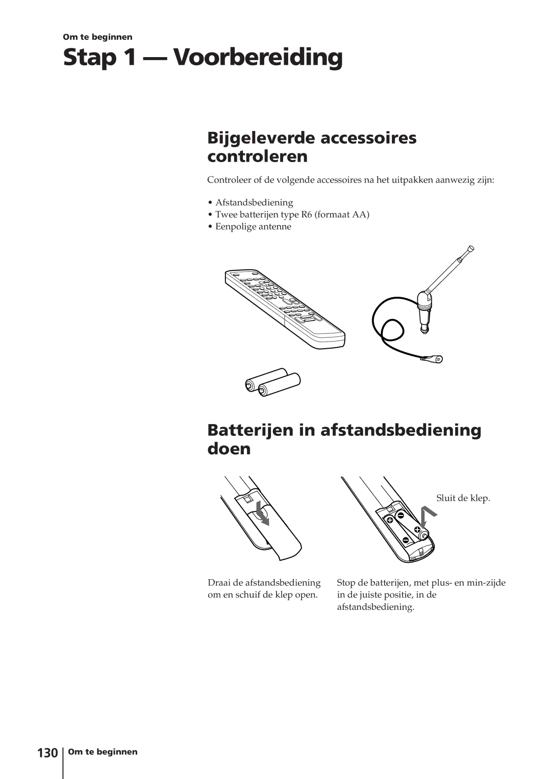 Sony KV-14V4D Stap 1 Voorbereiding, Bijgeleverde accessoires controleren, Batterijen in afstandsbediening doen, 130 