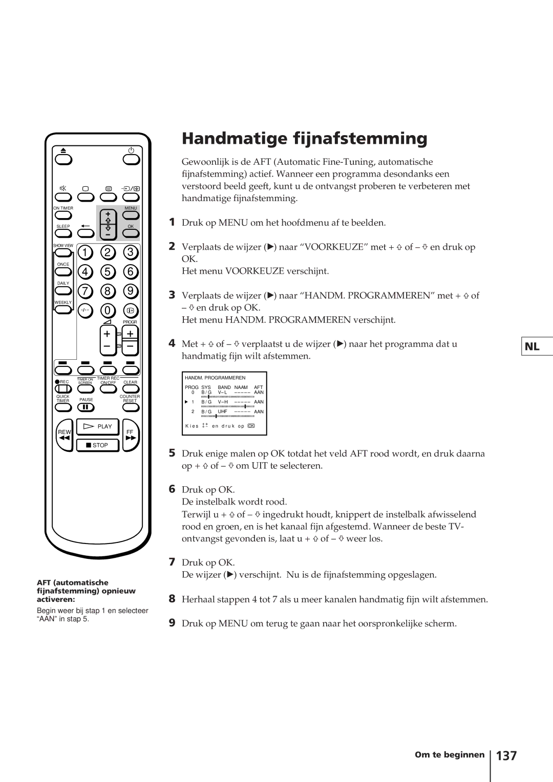 Sony KV-14V4D operating instructions AFT automatische fijnafstemming opnieuw activeren 