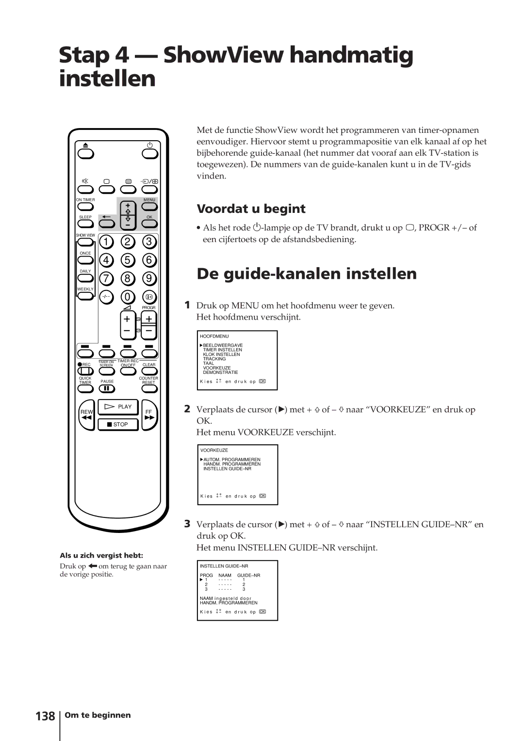 Sony KV-14V4D operating instructions Stap 4 ShowView handmatig instellen, De guide-kanalen instellen, 138 