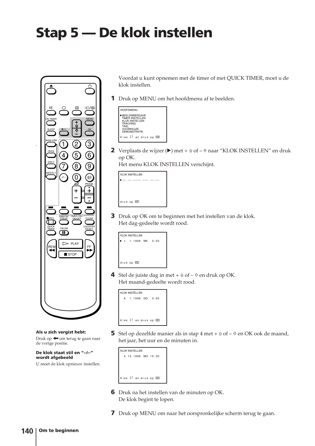 Sony KV-14V4D operating instructions Stap 5 De klok instellen, 140 