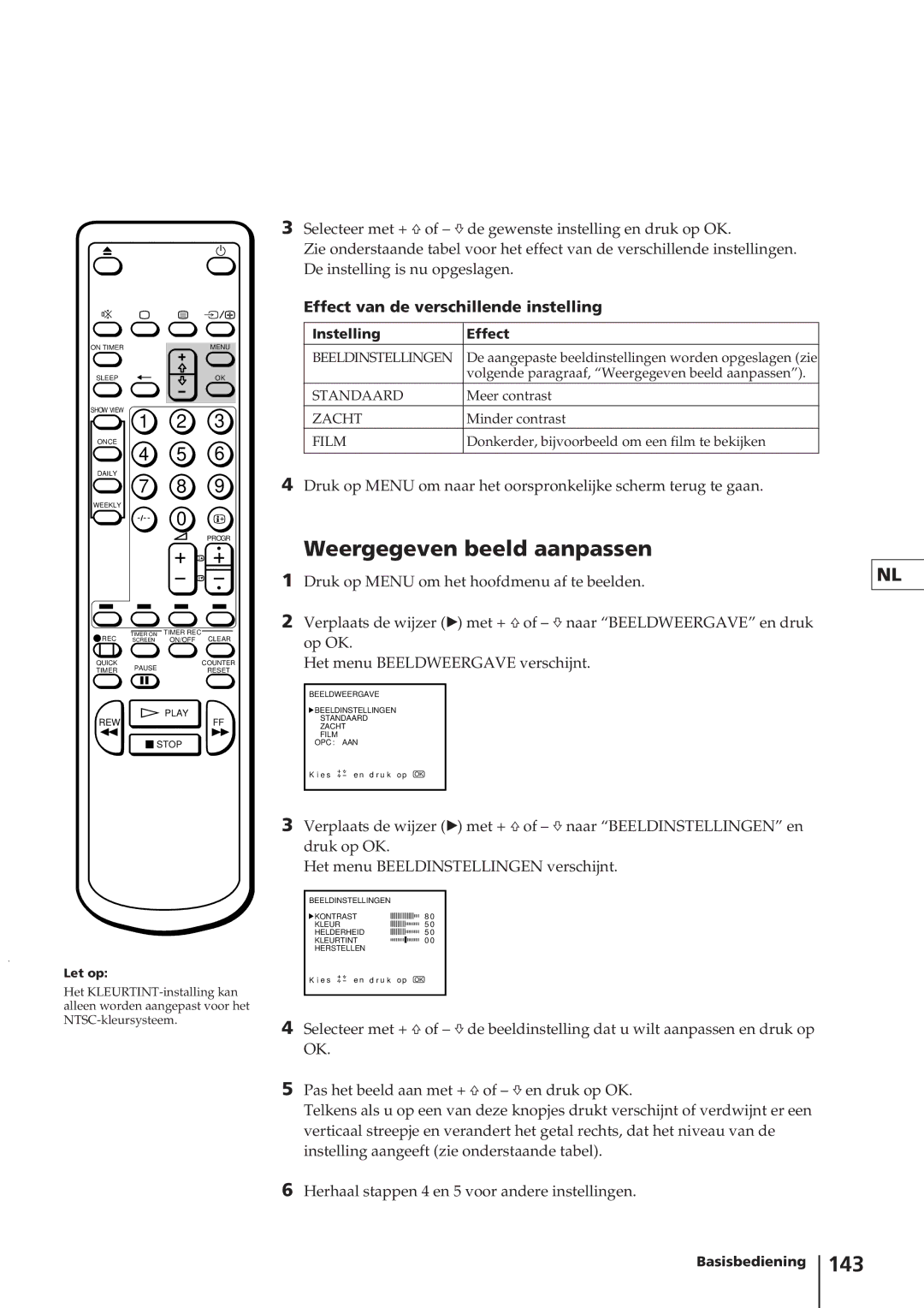 Sony KV-14V4D Weergegeven beeld aanpassen, 143, Effect van de verschillende instelling, Instelling Effect 