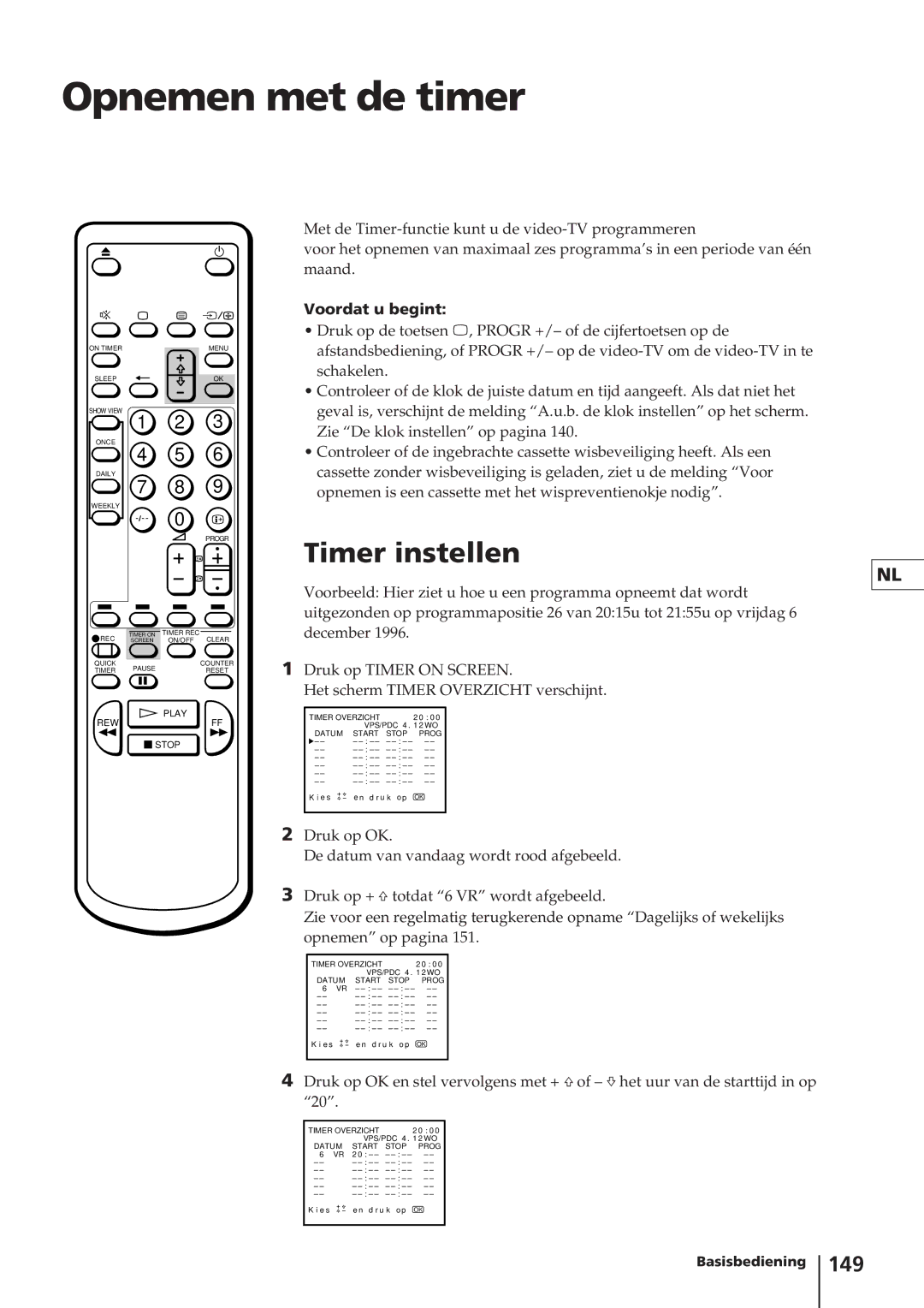 Sony KV-14V4D operating instructions Opnemen met de timer, Timer instellen, 149, Voordat u begint 