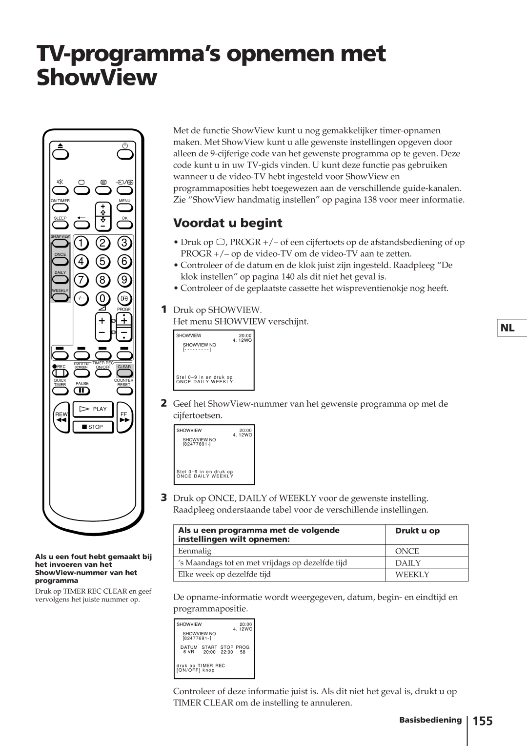 Sony KV-14V4D operating instructions TV-programma’s opnemen met ShowView, 155 