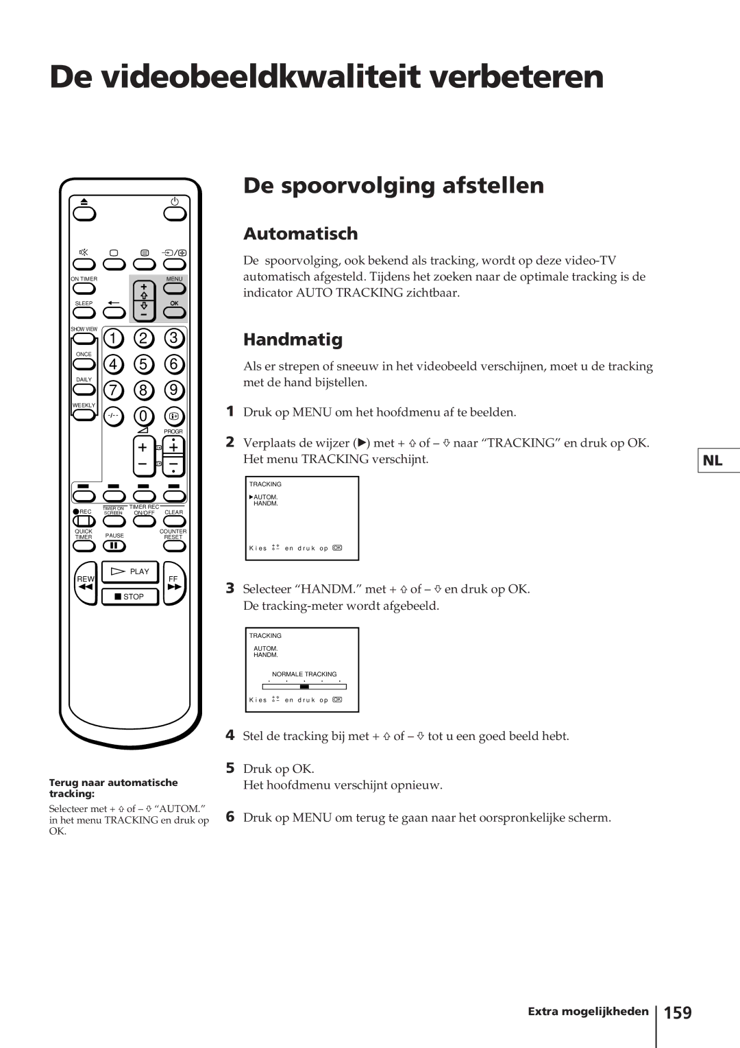 Sony KV-14V4D De videobeeldkwaliteit verbeteren, De spoorvolging afstellen, Automatisch, Handmatig, 159 