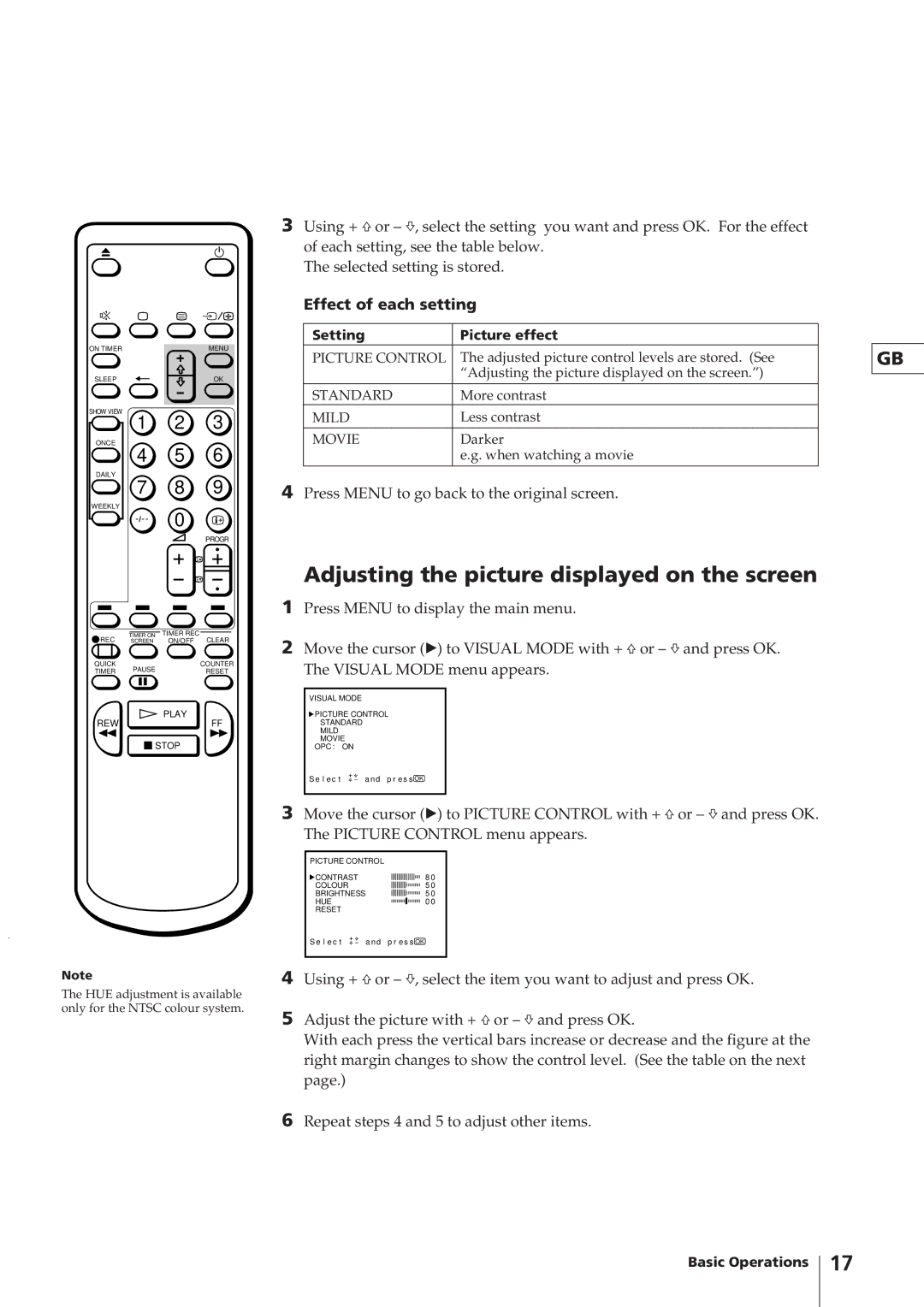 Sony KV-14V4D operating instructions HUE adjustment is available only for the Ntsc colour system 