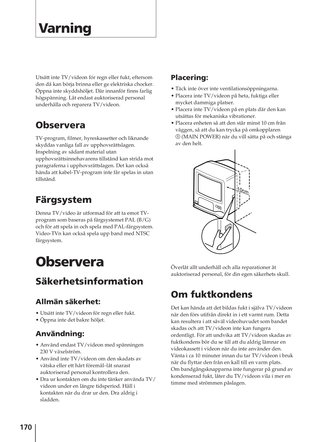 Sony KV-14V4D operating instructions Varning, Observera 